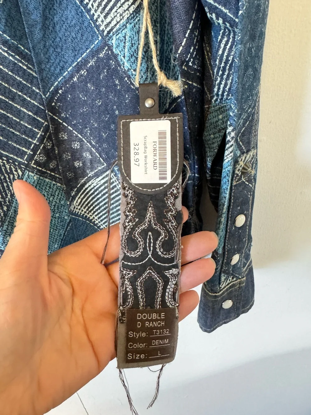 Double D Ranch Scrapbag Workshirt Patchwork Denim Shirt Pearl Snap Womens Large - Picture 3 of 10